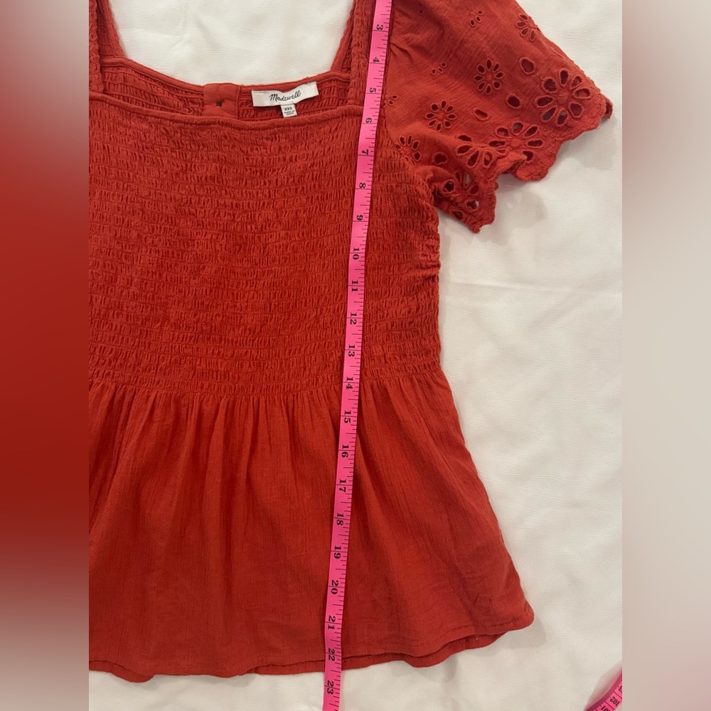 Madewell Eyelet Sleeve Lucie Smocked Peplum Top, Orange, Size XXS, Style #NE241 - Picture 6 of 10